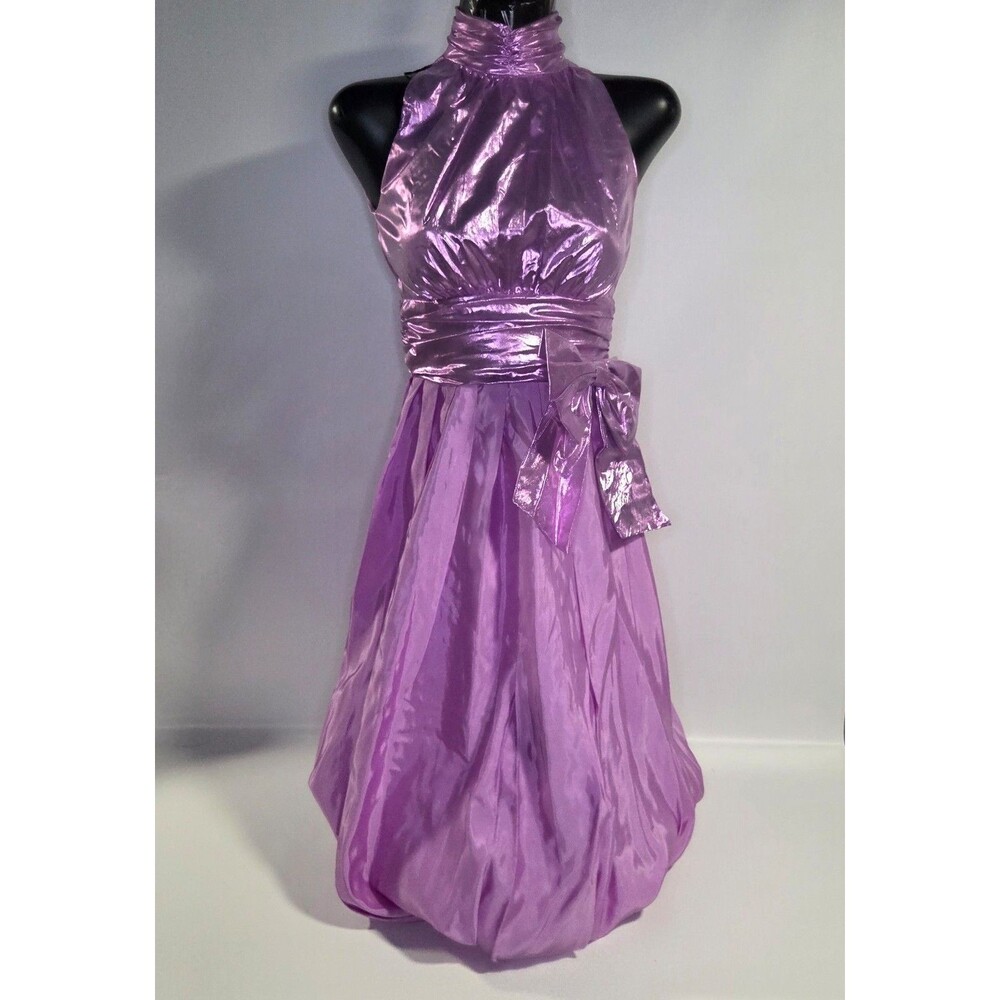 Vtg 80s Metallic Purple Lamé Prom Dress Halter Bubble Skirt ILGWU Union Made S